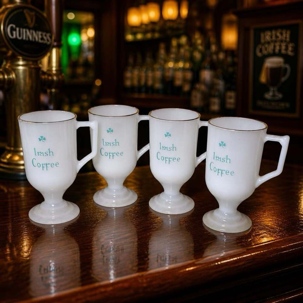 Set of 4 Vintage Milk Glass Irish Coffee Mugs with Gold Rim